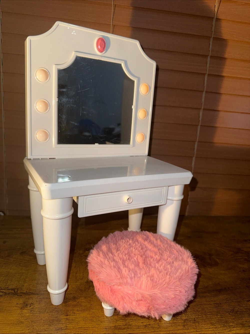 White Vanity Table with Pink Furry Stool for 18 inch dolls